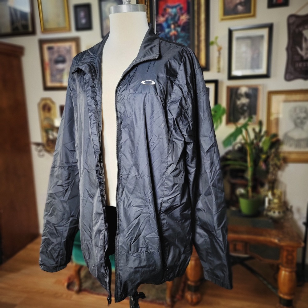 Oakley Windbreaker Jacket Mens XL Black Full Zip Techwear Lightweight Y2K Logo